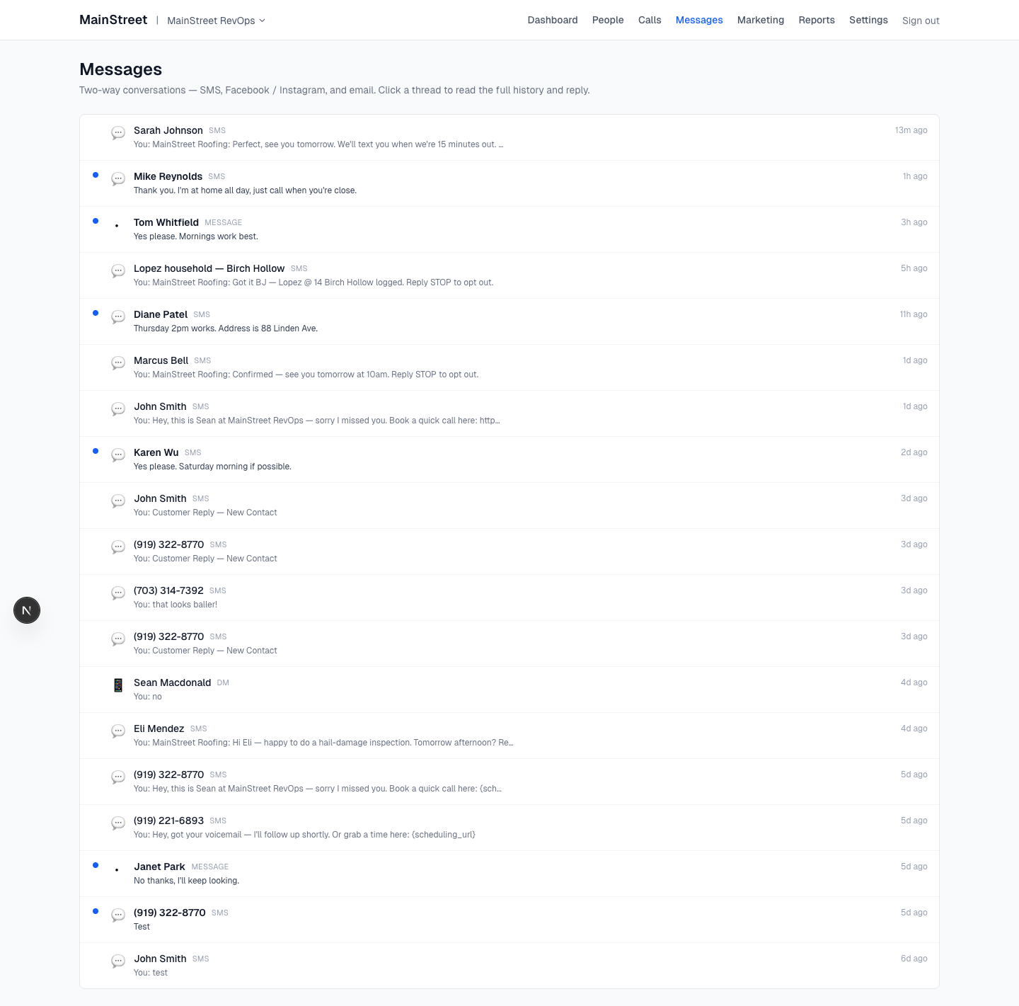 MainStreet messages inbox — SMS, chat, and Facebook DM threads from 18 different customers, each row tagged with its source channel