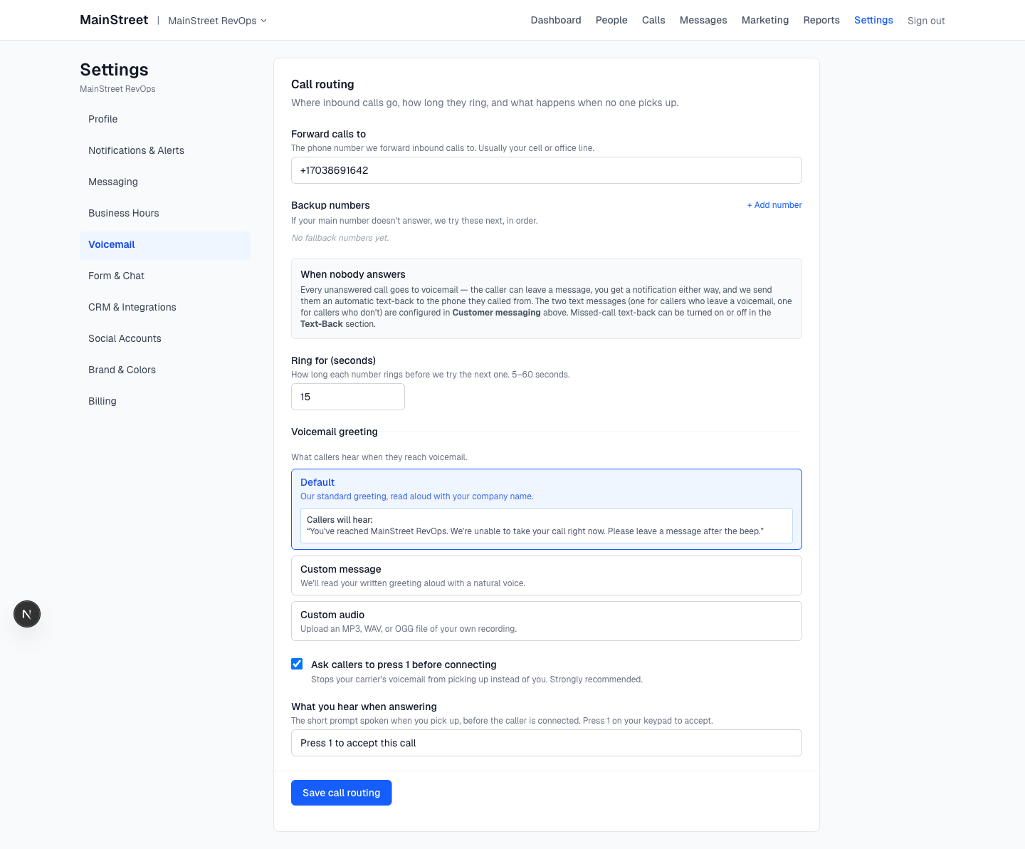 MainStreet settings page — call routing, backup numbers, voicemail greeting, and Press 1 screening configured per contractor